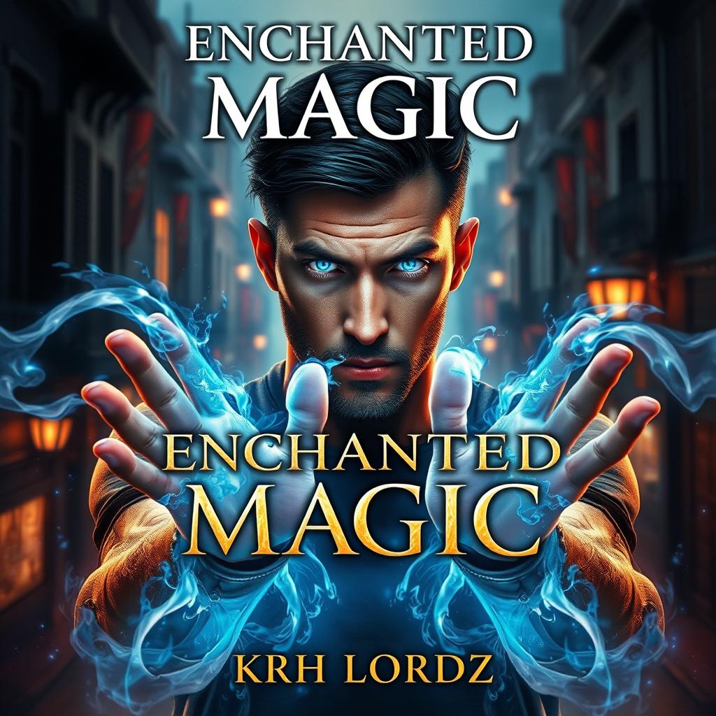 Book cover design titled 'ENCHANTED MAGIC' featuring a man with a captivating blue glow in his eyes, shown in a three-quarter view