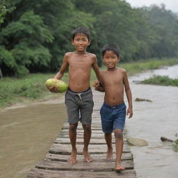 A young boy with a guava in hand, and his father on his shoulder, traversing a wooden bridge. Suddenly, the bridge fractures, causing the guava to tumble into the flowing river below.