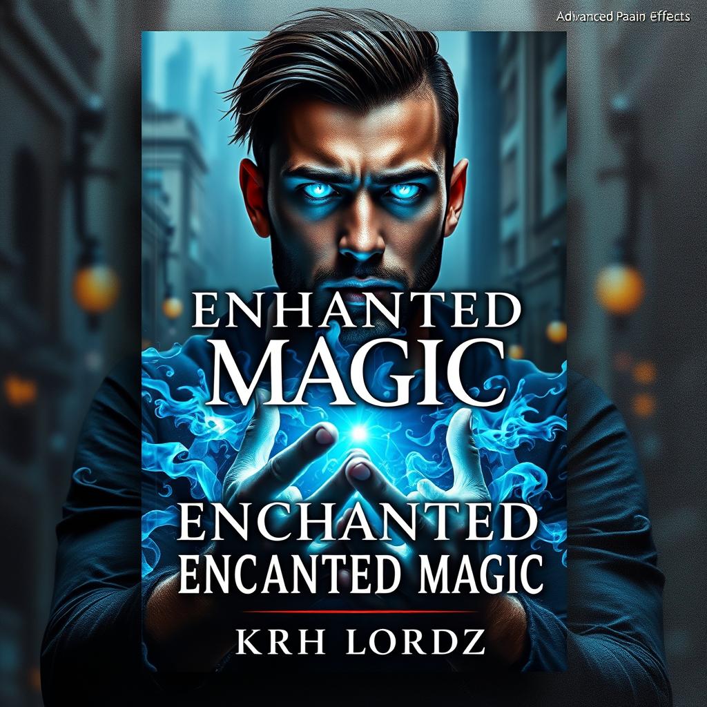 Book cover design titled 'ENCHANTED MAGIC' featuring a man with a striking blue glow in his eyes, captured in a three-quarter view