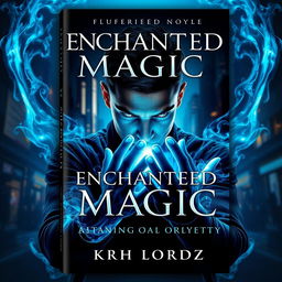 Book cover design titled 'ENCHANTED MAGIC' featuring a man with a striking blue glow in his eyes, captured in a three-quarter view