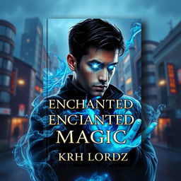 Book cover design titled 'ENCHANTED MAGIC' featuring a man with a striking blue glow in his eyes, captured in a three-quarter view