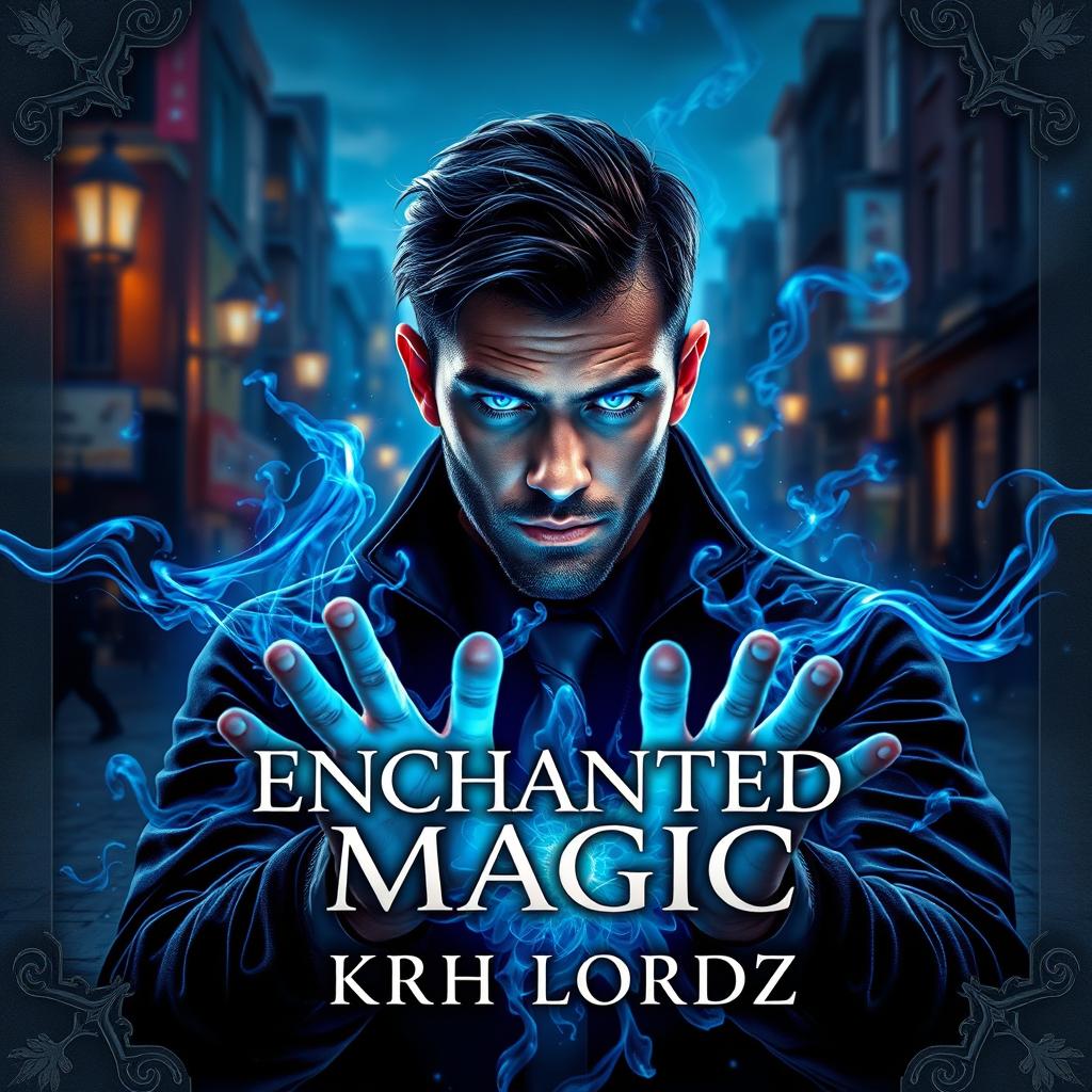 Book cover design titled 'ENCHANTED MAGIC' featuring a man with a striking blue glow in his eyes, captured in a three-quarter view