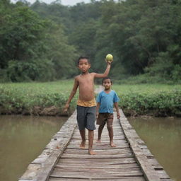 A young boy with a guava in hand, and his father on his shoulder, traversing a wooden bridge. Suddenly, the bridge fractures, causing the guava to tumble into the flowing river below.