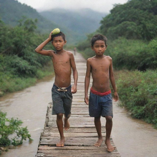 A young boy with a guava in hand, and his father on his shoulder, traversing a wooden bridge. Suddenly, the bridge fractures, causing the guava to tumble into the flowing river below.