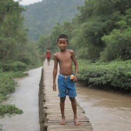A young boy with a guava in hand, and his father on his shoulder, traversing a wooden bridge. Suddenly, the bridge fractures, causing the guava to tumble into the flowing river below.