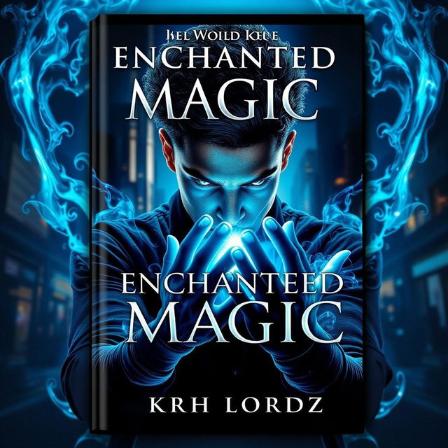 Book cover design titled 'ENCHANTED MAGIC' featuring a striking male character with a captivating blue glow in his eyes, facing three-quarter view