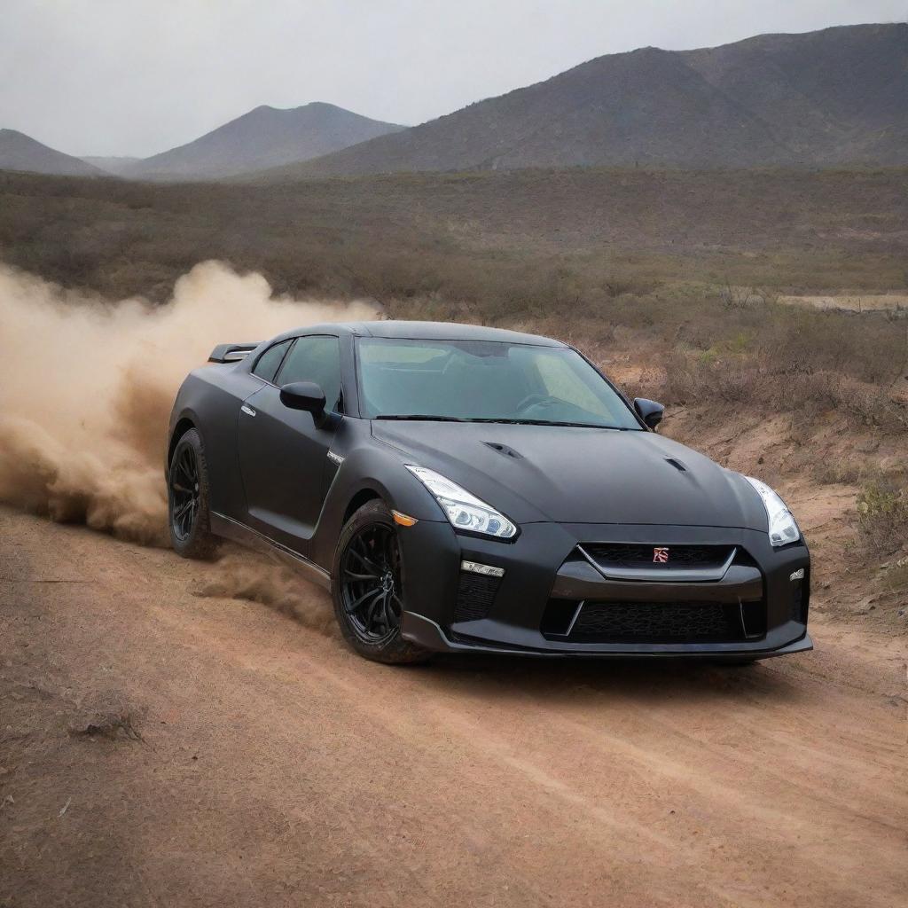 An adventurous image depicting a matte black 2024 Nissan GT-R, equipped with a 3.8-liter V6, 24-valve, twin-turbocharged engine, stationary on an off-road African terrain, attracting the curious gaze of native tigers.