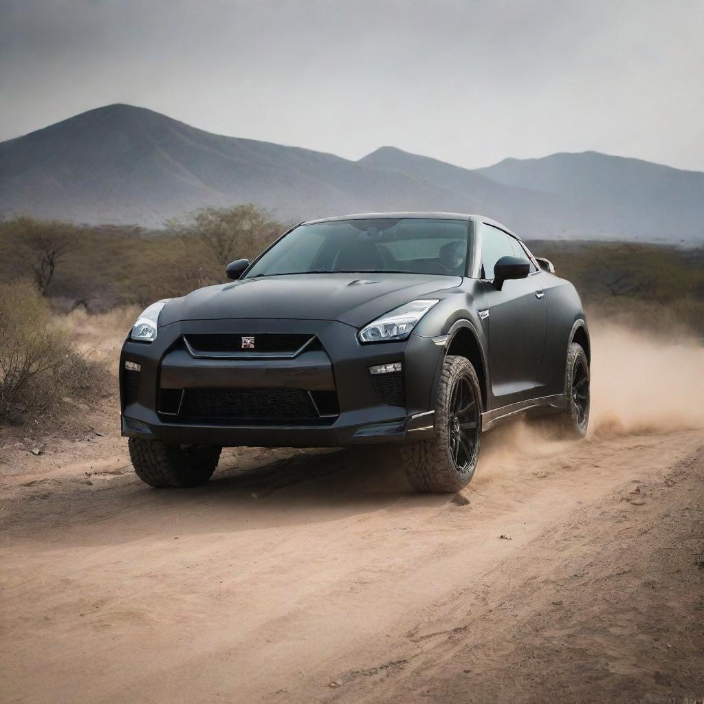 An adventurous image depicting a matte black 2024 Nissan GT-R, equipped with a 3.8-liter V6, 24-valve, twin-turbocharged engine, stationary on an off-road African terrain, attracting the curious gaze of native tigers.