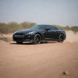 An adventurous image depicting a matte black 2024 Nissan GT-R, equipped with a 3.8-liter V6, 24-valve, twin-turbocharged engine, stationary on an off-road African terrain, attracting the curious gaze of native tigers.