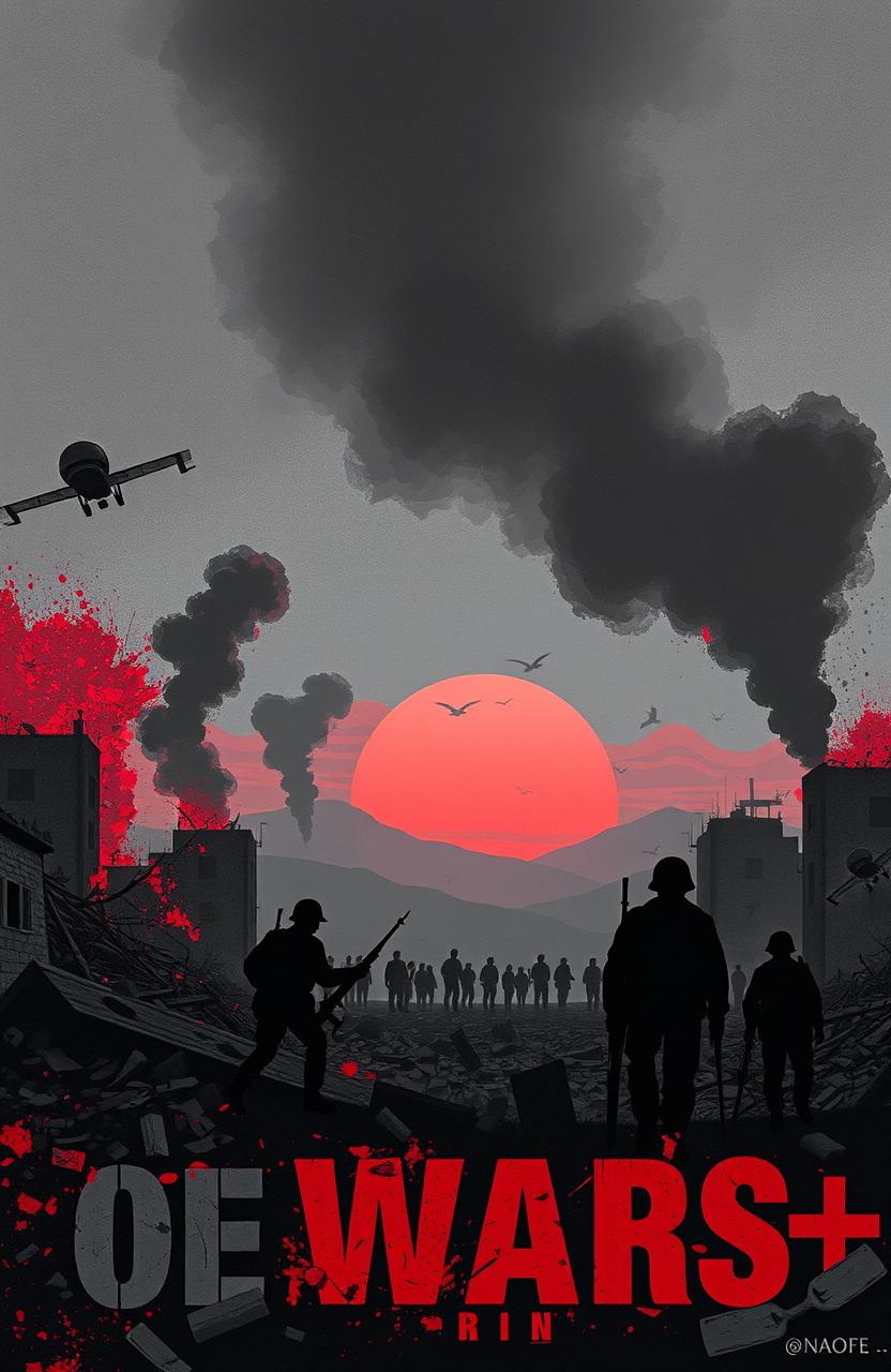 An artistic representation of the complex problems of wars, showcasing various themes such as destruction, human suffering, and the impact on society