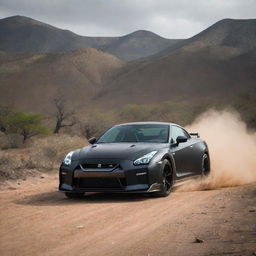 An adventurous image depicting a matte black 2024 Nissan GT-R, equipped with a 3.8-liter V6, 24-valve, twin-turbocharged engine, stationary on an off-road African terrain, attracting the curious gaze of native tigers.