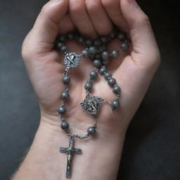 Fierce and tense hands, curled in anger, tightly gripping a beautifully detailed rosary with a sense of desperation.