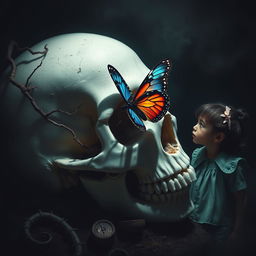 A striking image featuring a butterfly gracefully resting on a human skull, with an inclusive representation of a white boy and a Black girl standing nearby