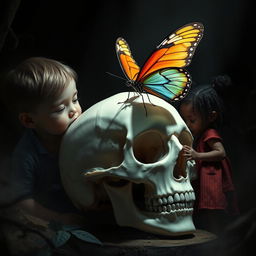 A striking image featuring a butterfly gracefully resting on a human skull, with an inclusive representation of a white boy and a Black girl standing nearby