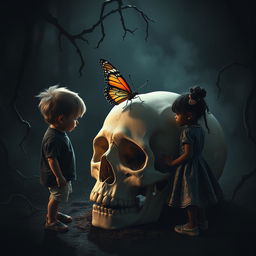 A striking image featuring a butterfly gracefully resting on a human skull, with an inclusive representation of a white boy and a Black girl standing nearby