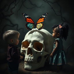 A striking image featuring a butterfly gracefully resting on a human skull, with an inclusive representation of a white boy and a Black girl standing nearby