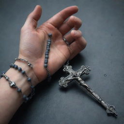 Fierce and tense hands, curled in anger, tightly gripping a beautifully detailed rosary with a sense of desperation.