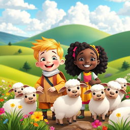 A delightful and inclusive Pixar-style image featuring two children as shepherds: a cheerful white boy and a joyful Black girl, both tending to a group of cute, cartoonish sheep