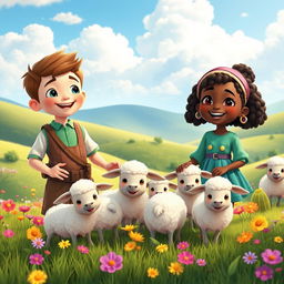 A delightful and inclusive Pixar-style image featuring two children as shepherds: a cheerful white boy and a joyful Black girl, both tending to a group of cute, cartoonish sheep