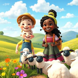 A delightful and inclusive Pixar-style image featuring two children as shepherds: a cheerful white boy and a joyful Black girl, both tending to a group of cute, cartoonish sheep