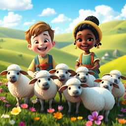 A delightful and inclusive Pixar-style image featuring two children as shepherds: a cheerful white boy and a joyful Black girl, both tending to a group of cute, cartoonish sheep