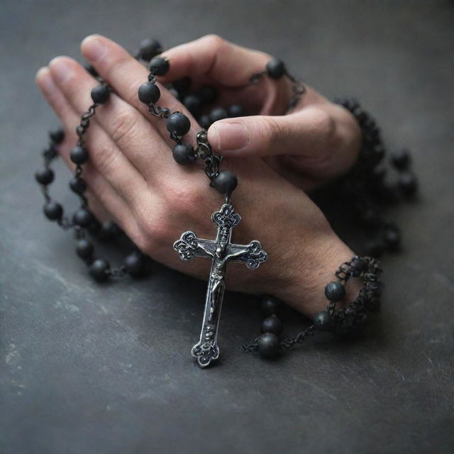 Fierce and tense hands, curled in anger, tightly gripping a beautifully detailed rosary with a sense of desperation.