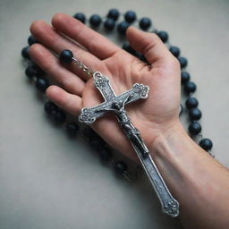 Fierce and tense hands, curled in anger, tightly gripping a beautifully detailed rosary with a sense of desperation.