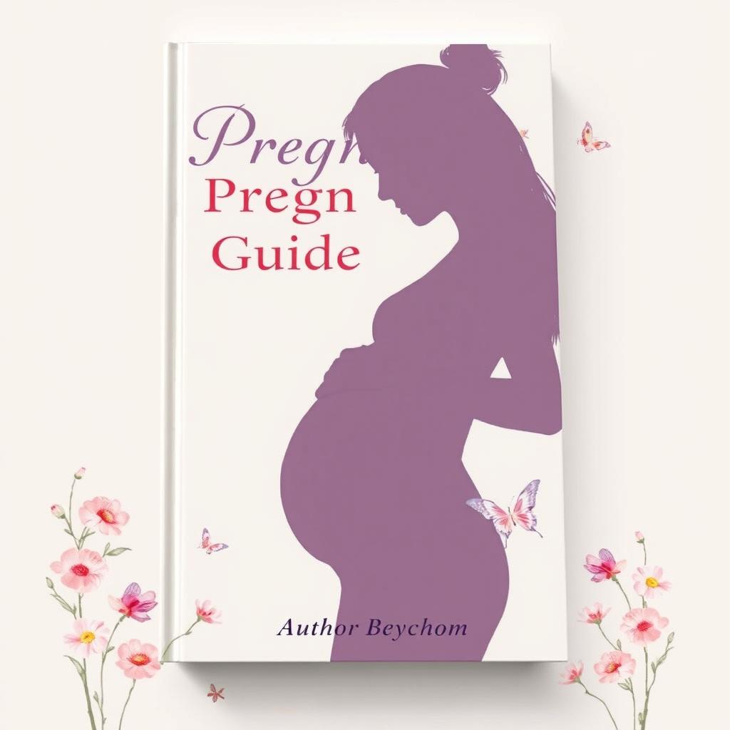 A serene and inspiring book cover for a pregnancy guide, featuring a silhouette of a pregnant woman gently cradling her baby bump against a soft pastel background