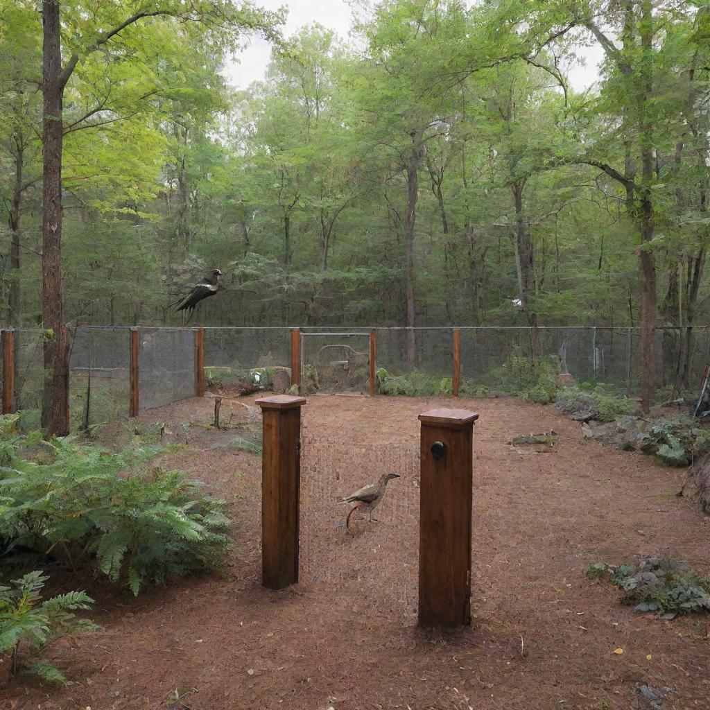 Update the wealthy individual's sanctuary depiction, showing the raptor enclosure now secured with a 100-watt electric fence, providing optimum safety for both the creatures and the sanctuary keepers.