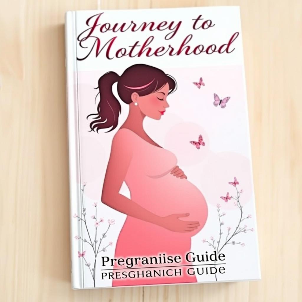 A serene and comforting book cover for a pregnancy guide, featuring an illustrated silhouette of a pregnant woman cradling her belly in a peaceful outdoor setting