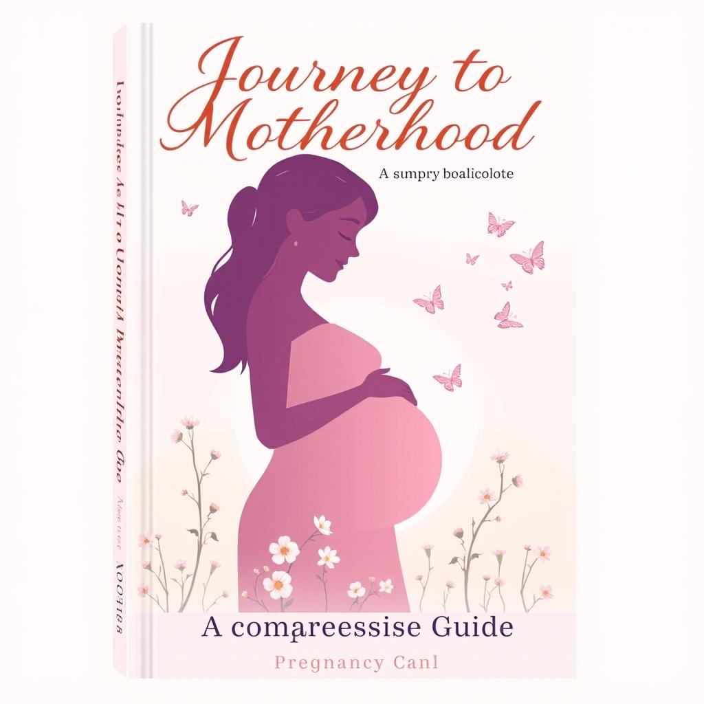 A serene and comforting book cover for a pregnancy guide, featuring an illustrated silhouette of a pregnant woman cradling her belly in a peaceful outdoor setting