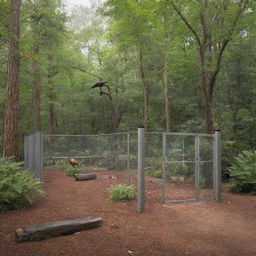 Update the wealthy individual's sanctuary depiction, showing the raptor enclosure now secured with a 100-watt electric fence, providing optimum safety for both the creatures and the sanctuary keepers.