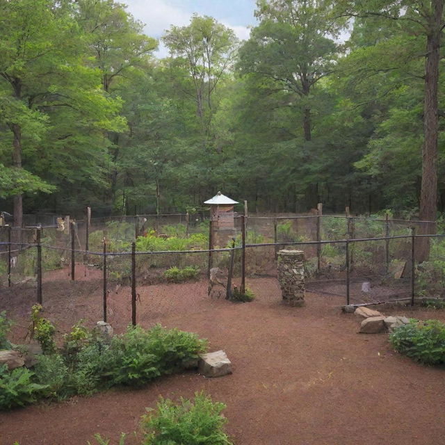 Update the wealthy individual's sanctuary depiction, showing the raptor enclosure now secured with a 100-watt electric fence, providing optimum safety for both the creatures and the sanctuary keepers.