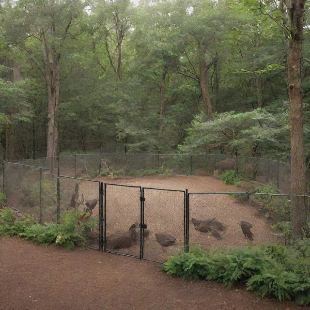 Update the wealthy individual's sanctuary depiction, showing the raptor enclosure now secured with a 100-watt electric fence, providing optimum safety for both the creatures and the sanctuary keepers.