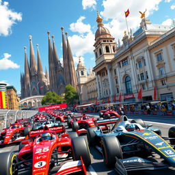 A thrilling Formula One race simulation set in a vibrant cityscape combining iconic locations from Barcelona and Madrid