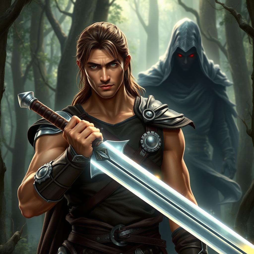 In a mystical forest, a warrior named Aric stands confidently, gripping a glowing, silver sword with both hands