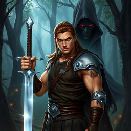 In a mystical forest, a warrior named Aric stands confidently, gripping a glowing, silver sword with both hands