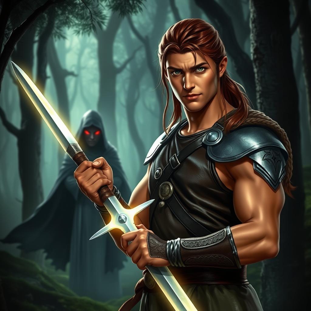 In a mystical forest, a warrior named Aric stands confidently, gripping a glowing, silver sword with both hands