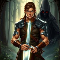 In a mystical forest, a warrior named Aric stands confidently, gripping a glowing, silver sword with both hands