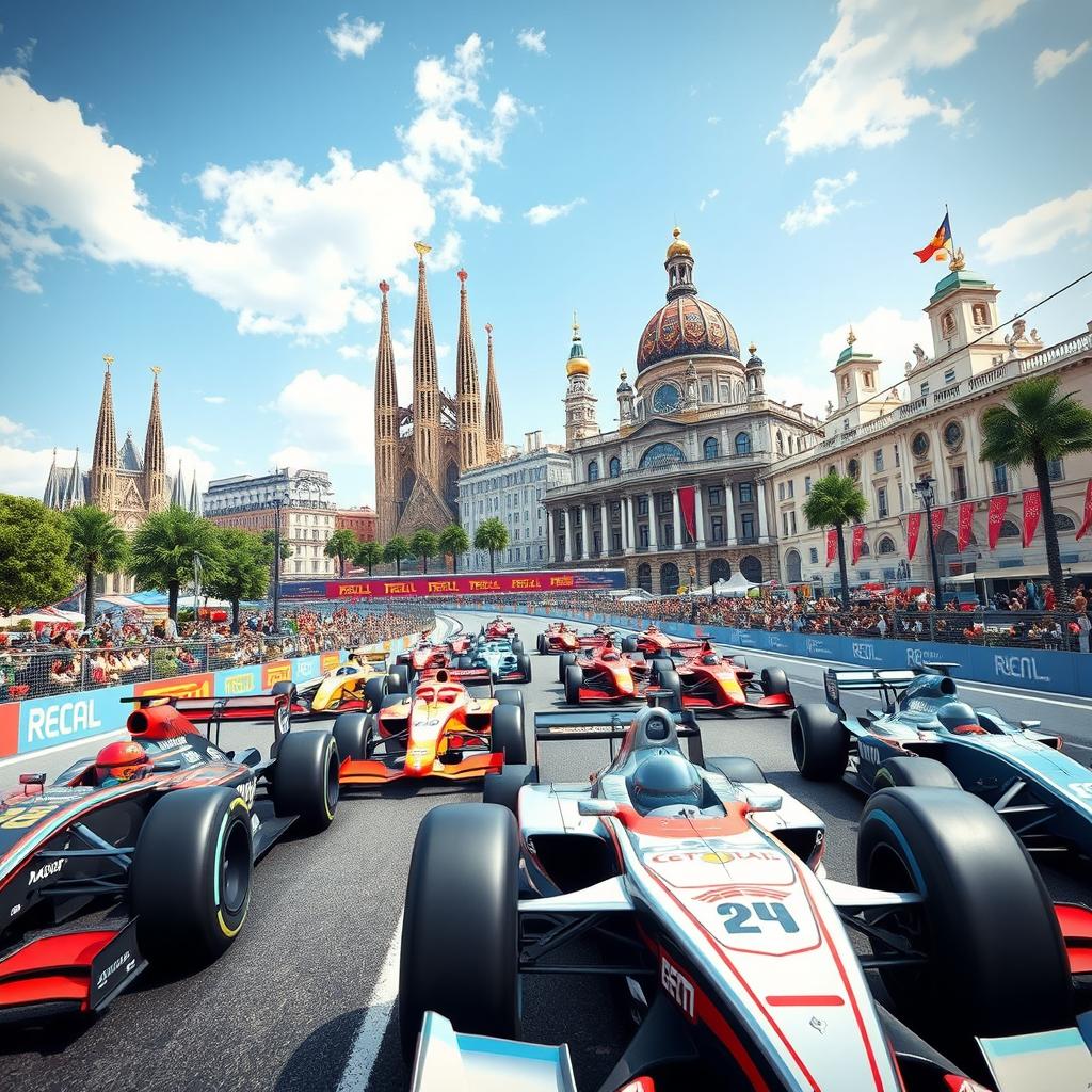 A thrilling Formula One race simulation set in a vibrant cityscape combining iconic locations from Barcelona and Madrid