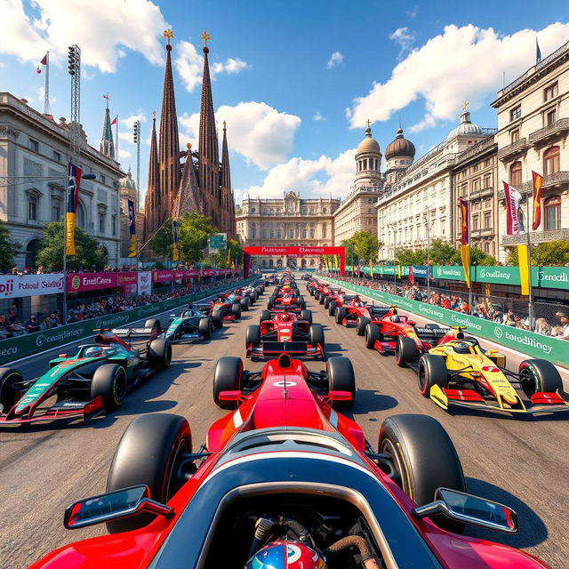 A thrilling Formula One race simulation set in a vibrant cityscape combining iconic locations from Barcelona and Madrid