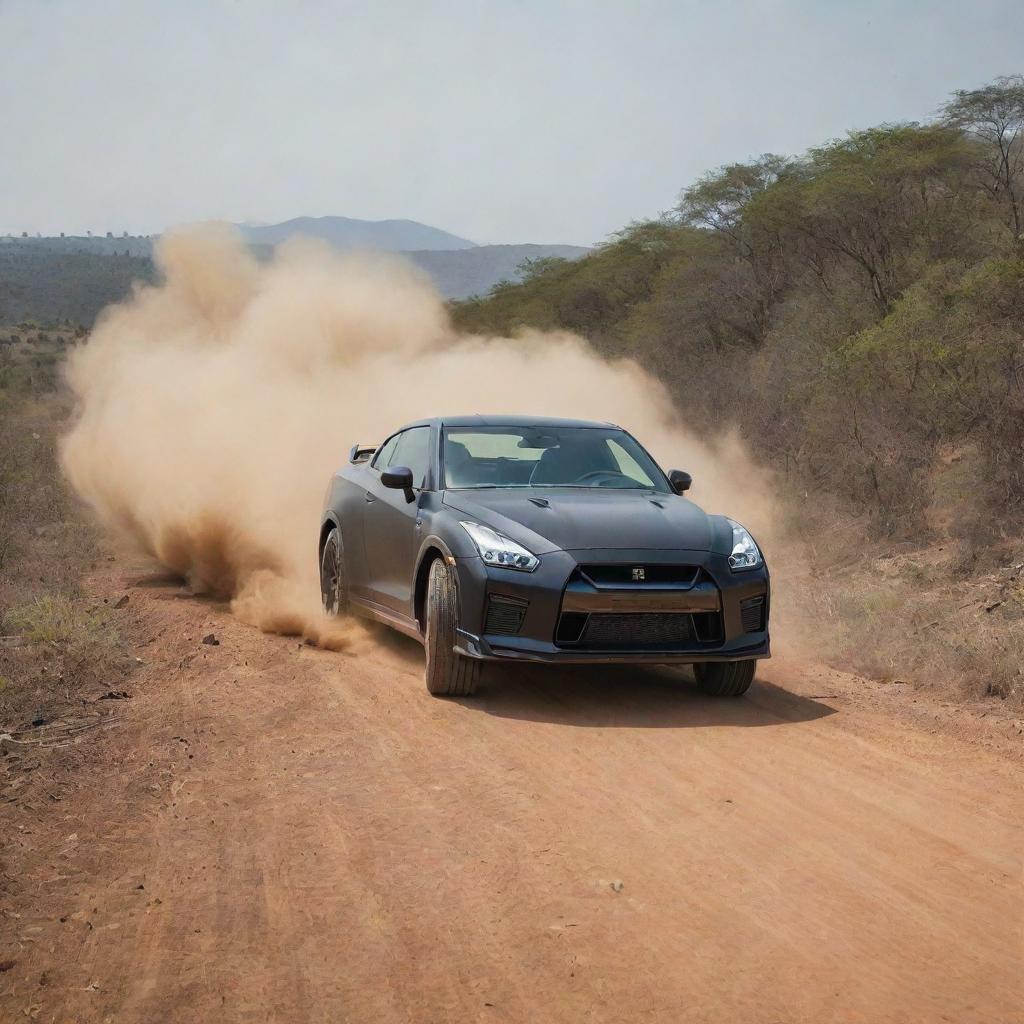 Generate a dynamic off-road scene in Africa, featuring a matte black 2024 Nissan GT-R with a 3.8-liter V6, twin-turbocharged engine, with a group of tigers eyeing the car from a safe distance.