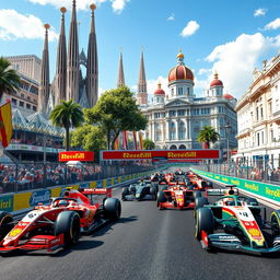 A thrilling Formula One race simulation set in a vibrant cityscape combining iconic locations from Barcelona and Madrid