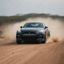 Generate a dynamic off-road scene in Africa, featuring a matte black 2024 Nissan GT-R with a 3.8-liter V6, twin-turbocharged engine, with a group of tigers eyeing the car from a safe distance.