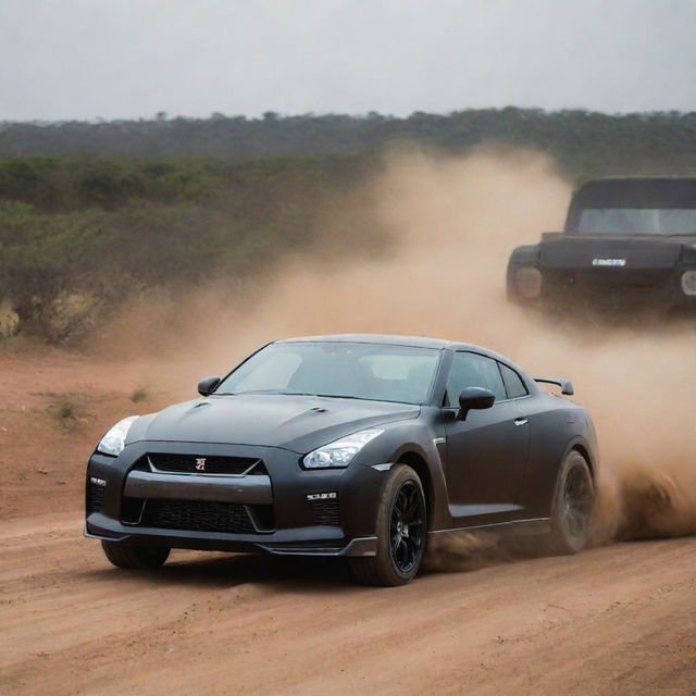 Generate a dynamic off-road scene in Africa, featuring a matte black 2024 Nissan GT-R with a 3.8-liter V6, twin-turbocharged engine, with a group of tigers eyeing the car from a safe distance.