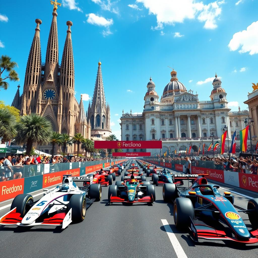 A thrilling Formula One race simulation set in Barcelona and Madrid, featuring iconic landmarks from both cities on the starting grid