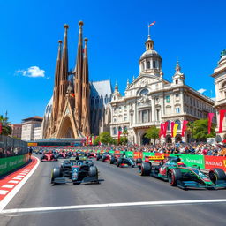 A thrilling Formula One race simulation set in Barcelona and Madrid, featuring iconic landmarks from both cities on the starting grid