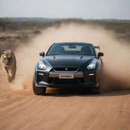 Generate a dynamic off-road scene in Africa, featuring a matte black 2024 Nissan GT-R with a 3.8-liter V6, twin-turbocharged engine, with a group of tigers eyeing the car from a safe distance.