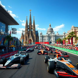 A thrilling Formula One race simulation set in Barcelona and Madrid, featuring iconic landmarks from both cities on the starting grid