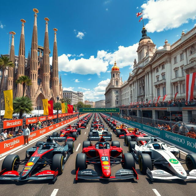 A thrilling Formula One race simulation set in Barcelona and Madrid, featuring iconic landmarks from both cities on the starting grid